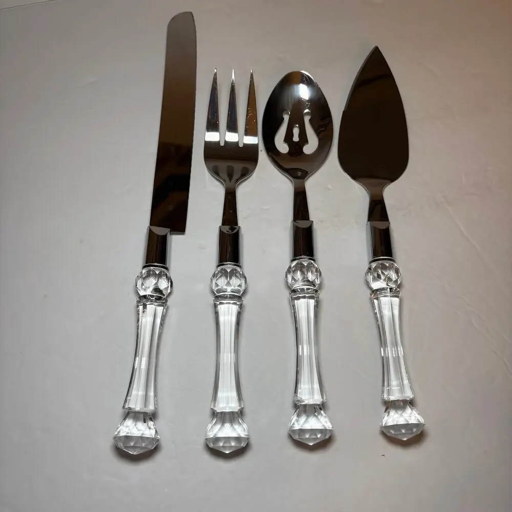 Vintage Bellamo 4-Piece Pc Serving Set Lucite Crystal Handles Knife Fork Spoon